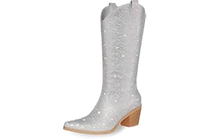 Lumeheel Rhinestone Cowboy Boots for Women - Sparkly Cowgirl Boots Wide Calf Glitter Bling Women's Western Boots Bedazzled Mid Calf Knee High Boots Bejeweled Shiny Boots Diamond Chunky Heel
