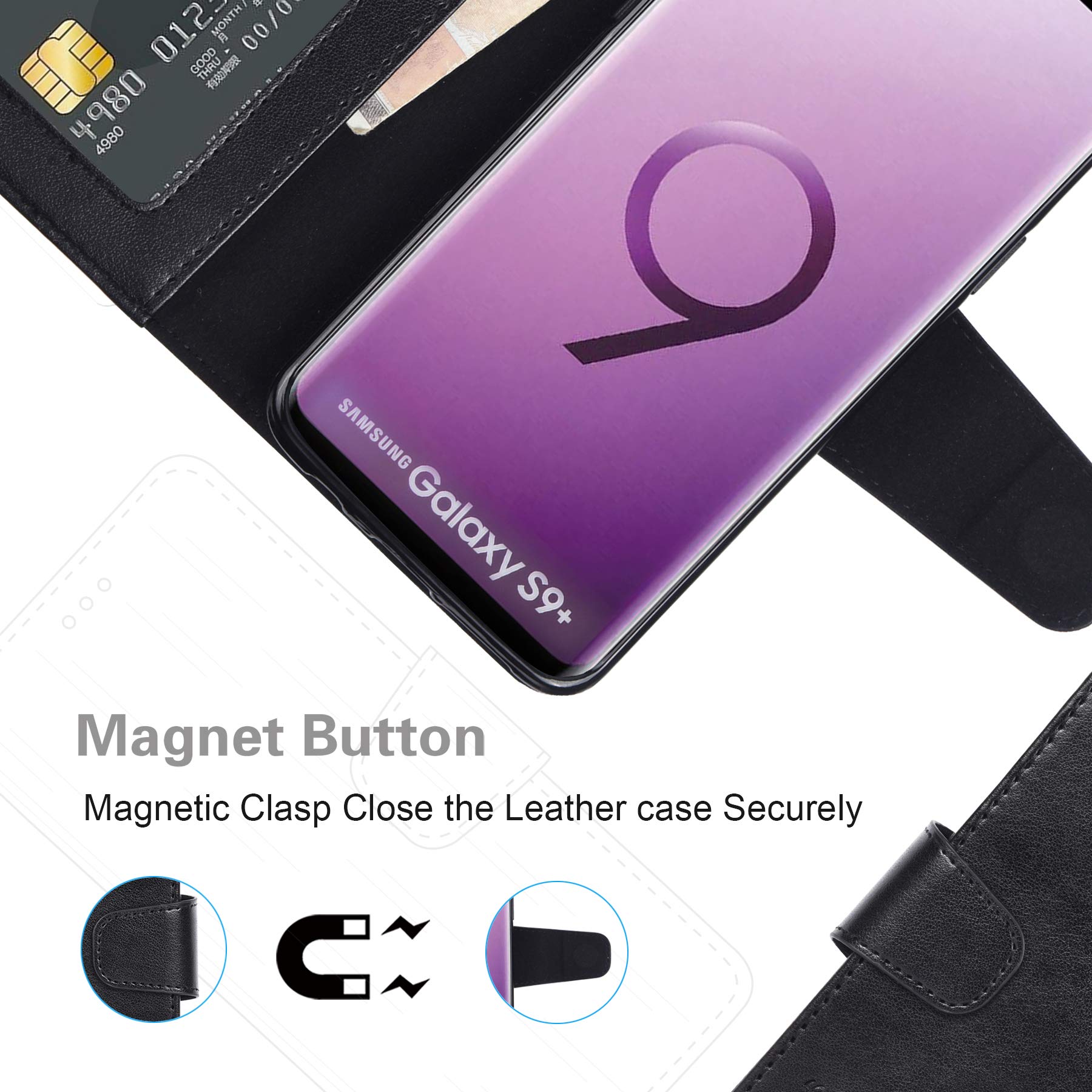 Galaxy S9 plus Case, Arae [Kickstand Feature] PU leather wallet case with [4-slots] ID&Credit Cards Pocket for Samsung Galaxy S9 plus - black