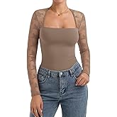 PINKMSTYLE Women Sexy Square Neck Lace Long Sleeve Tops Slim Fit Double Lined Trendy Y2K Going Out Fall Shirts