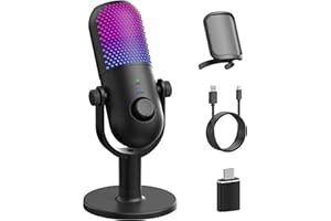 GUEVWES USB Microphone for PC Gaming: Condenser Microphone RGB for Gamer with Stand Mic - Recording Mic for Computer&Laptop with Qiuck Mute - Desk Podcast Mic for Podcast & Singing & Streaming & Youtube Black