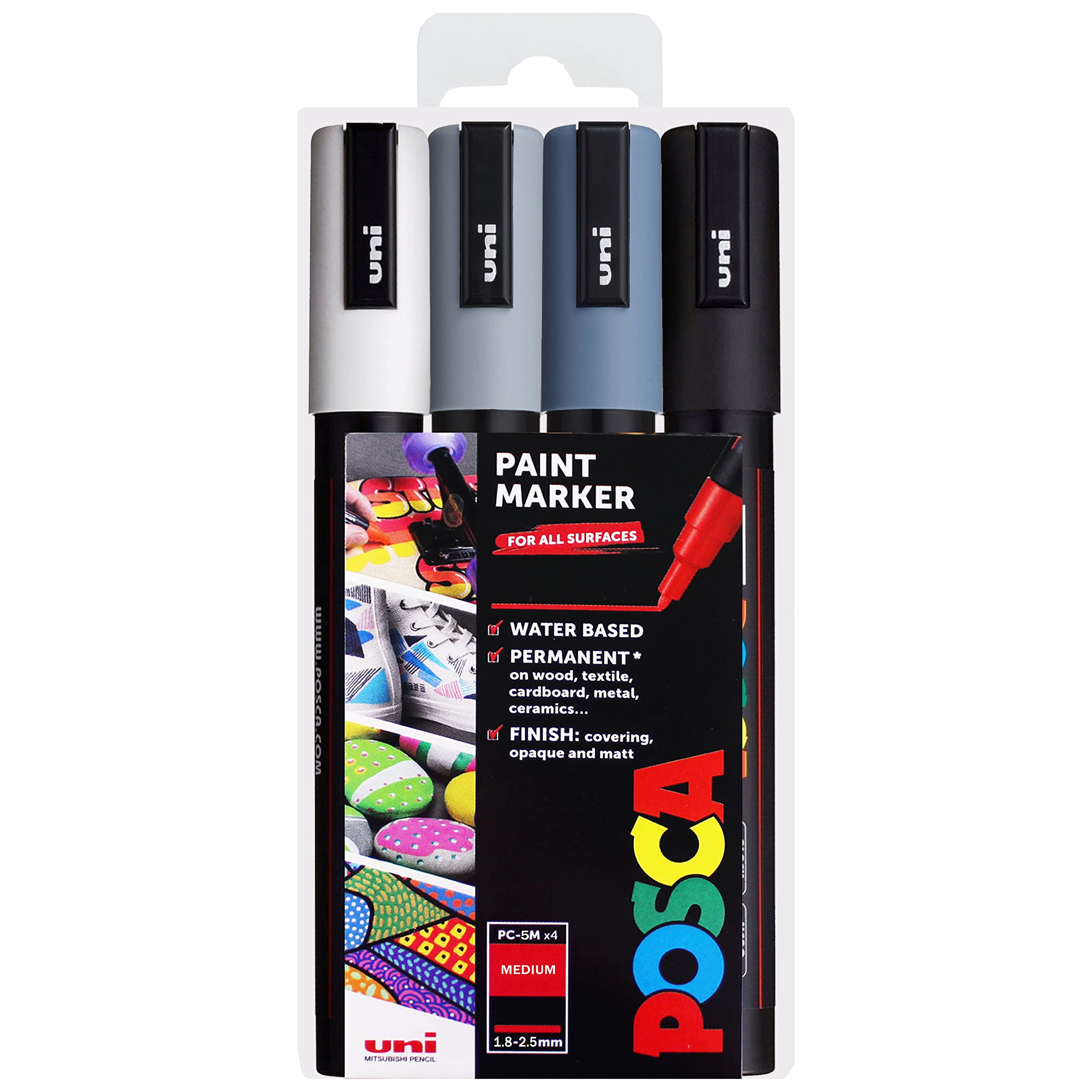 POSCA PC-5M Paint Marker Art Pens - 1.8-2.5mm – Grey Tones Set of 4 Pens in Wallet