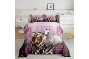 Feelyou Kids Horse Full Size Comforter Set Cherry Blossom Branches Steed Boys Bedding Set for Girls Teens Galloping Horse Comforter 3D Wild Animal Decor Quilt Set Bedroom Collection 3Pcs