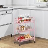 3-Tier Rolling Cart On Wheels Pink Easy Assemble Storage Trolley view 7