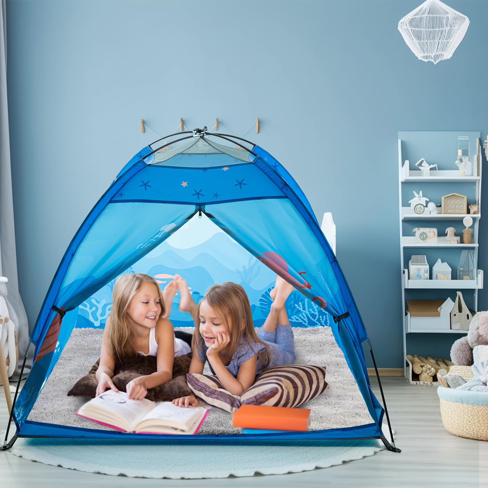 Undersea World Kids Play Tent, Kids Play Tent Foldable Pop Up Indoor Outdoor Party Undersea World Playhouse Tent Toy for Boys Girls-47 * 47 * 41 (Blue)