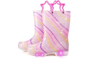 Boys Girls Light Up Rain Boots Kids Waterproof Outdoor Boots Toddler Glitter and Patterns Rainboot with Easy on Handles