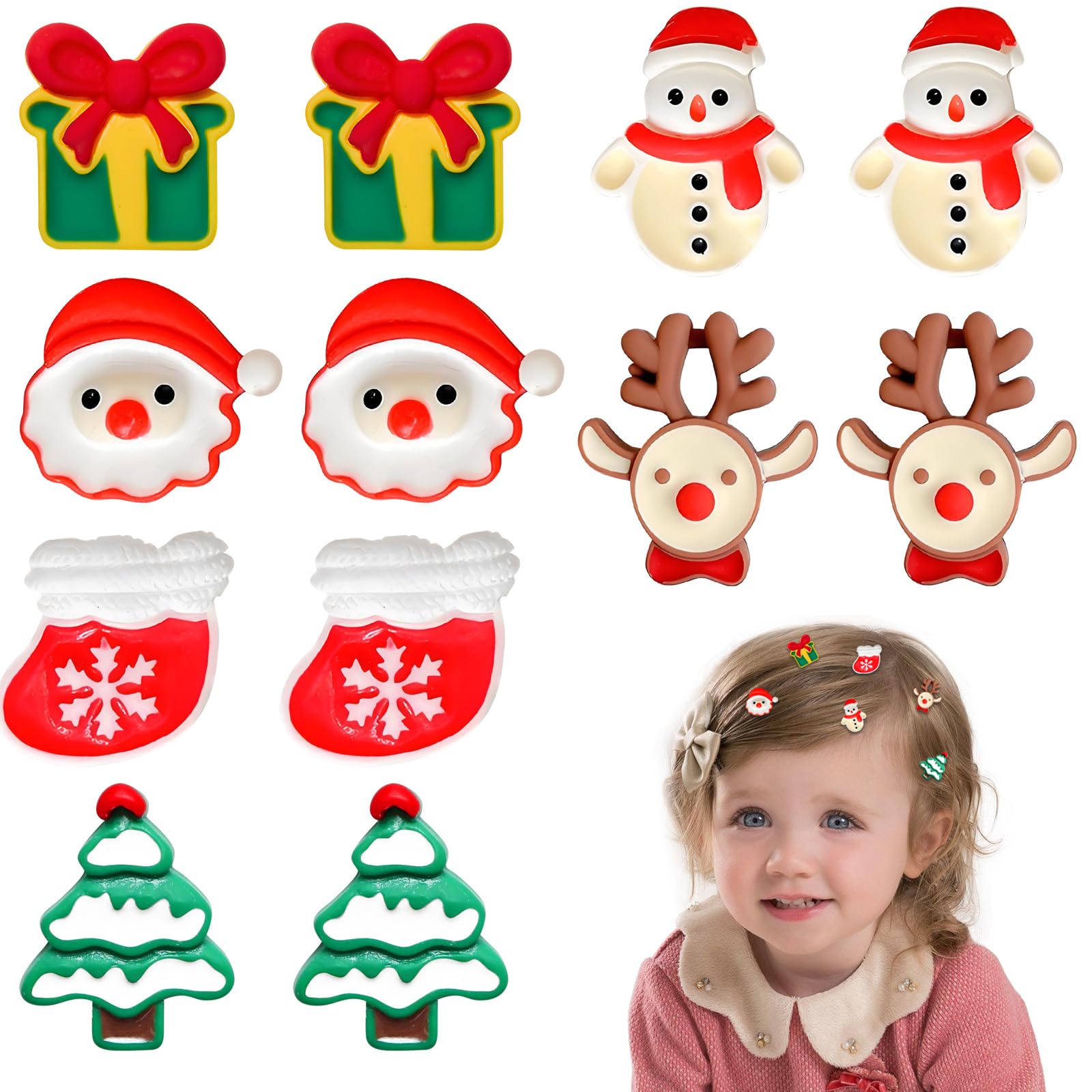 12Pcs Lovely Christmas Hair Clips & Accessories - Mini Christmas Tree & Santa Hat Hair Bows for Girls