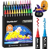 Shuttle Art 36 Colors Brush &amp; Dot Tip Acrylic Paint Markers | Dual brush &amp; dot tips for rock, wood, glass, ceramic, canvas, fabric, coloring books, pumpkins &amp; Halloween crafts.