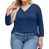 OSITWN Plus Size Tops for Womens 3/4 Sleeve V Neck Casual T Shirts Loose Fit Tunic Blouse