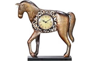 HUIOP Horse Clock Vintage Metal Horse Figurine Hollowed Pattern Mute Table Clock Operated by an Aa Battery (Not Included)