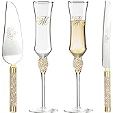 iooiluxry Wedding Cake Knife and Server Set, Bridal Shower Gifts for Bride Mr and Mrs Champagne Flutes Glass and Cake Cutting Set for Wedding Engagement Gifts (Gold)