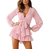 Relipop Womens Floral Print Romper V Neck Long Sleeve Double Layer Ruffle Hem Shorts Jumpsuit 2026 Beach Vacation Outfits