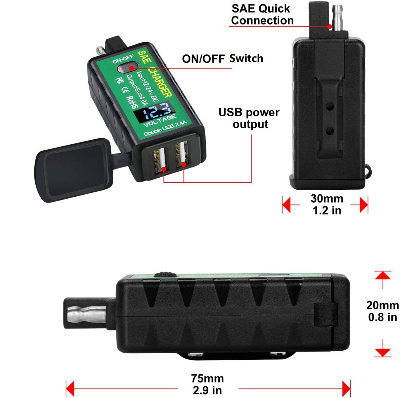 【Upgraded Version】 YONHAN 4.8A Motorcycle USB Charger SAE to USB Adapter with Voltmeter & ON/Off Switch, 3 Install Options Waterproof Quick Disconnect Plug for Smart Phone Tablet GPS