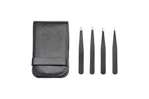 �鶹�� Basics Tweezers for Facial Hair, Eyebrows, Eyelashes - Set of 4, Professional Stainless Steel Travel Case, Black