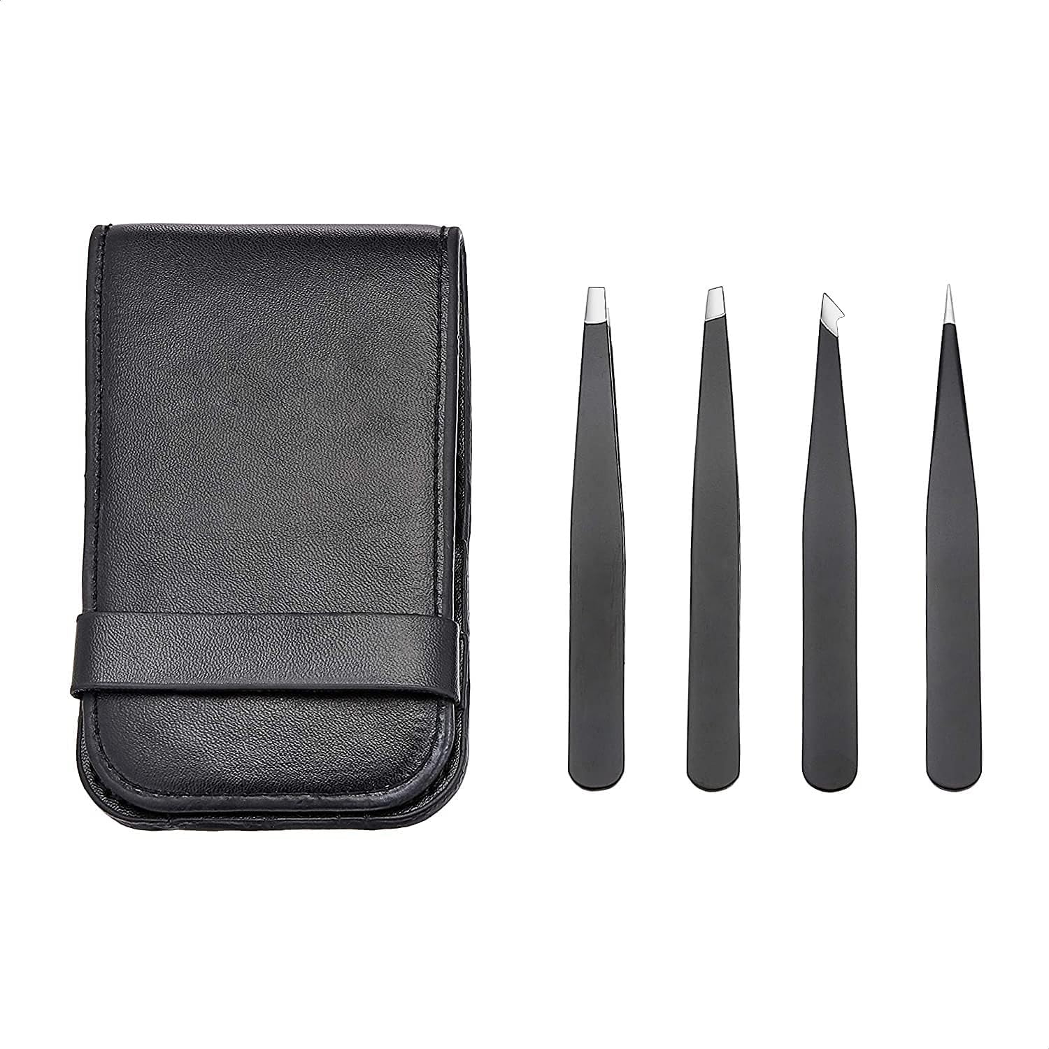 Amazon Basics Set of 4 Pack Professional Stainless Steel Tweezers for Facial Hair, Eyelash, Eyebrow or Ingrown Hair, with Travel Case, Black