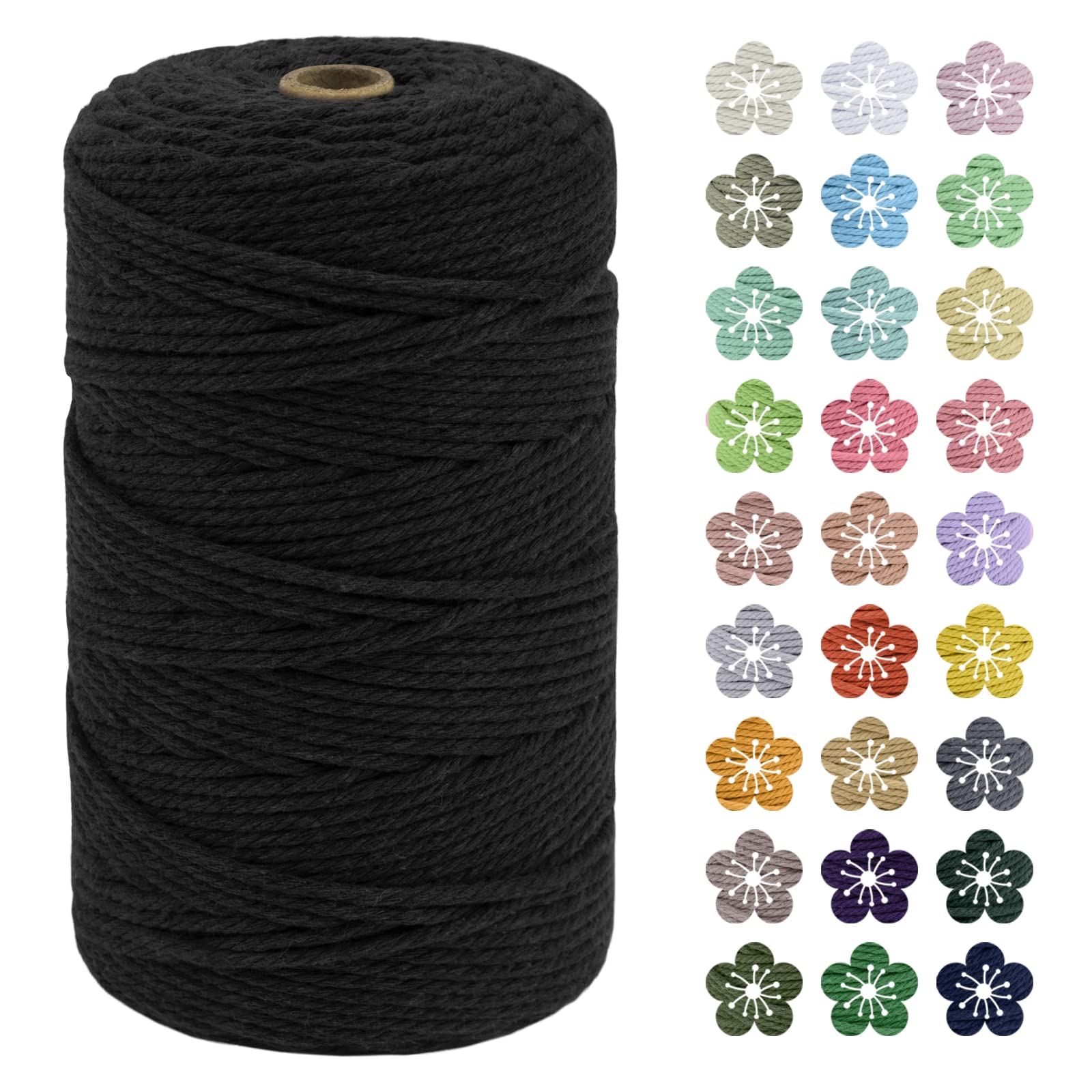 LEREATI Macrame Cord 3mm x 200m, Thick Macrame Rope Natural Cotton Rope Craft String, 4 Strand Twisted Cotton Cord Yarn for DIY Plant Hanger, Wall Hanging, Christmas Decoration (Black)