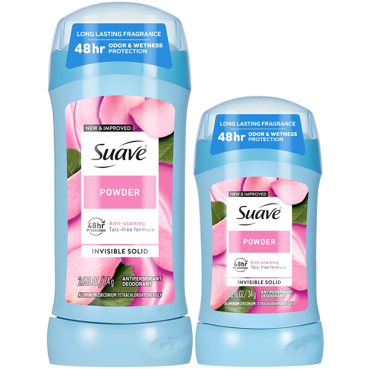 Suave Antiperspirant Deodorant for Women, Powder 2-Size Variety Pack – Anti-Staining Invisible Solid, Talc-Free (2 Piece Set)