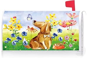 Texupday Cute Dog Puppy Floral Decoration Mailbox Cover with Magnetic Strip Spring Summer Mailbox Wraps Post Letter Box Cover Standard Size 21" X 18" for Garden Outdoor Yard Decor