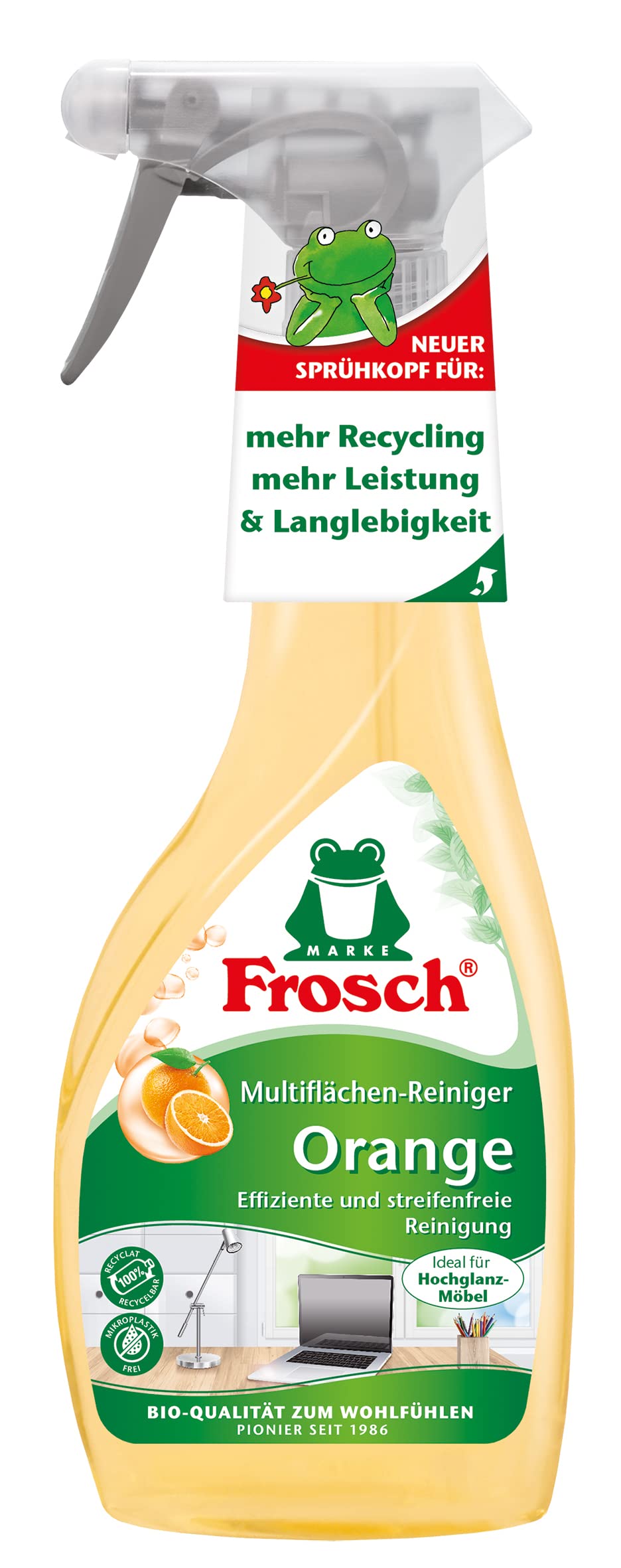 Frosch Orangen Multiflächen-Reiniger, für streifenfreien Glanz und kraftvolle Sauberkeit für alle glatten Flächen, Sprühflasche, 1er Pack (1 x 500 ml) 2