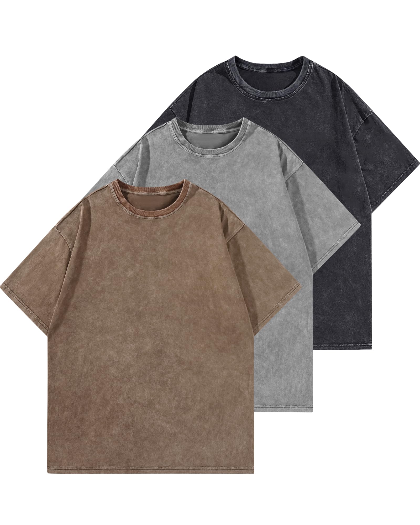 Photo 1 of AugYew Men's 3 Pack Oversized T-Shirts Acid Washed Unisex Heavyweight Tees Comfort Colors Vintage Basic Summer Top,Coffee/Grey/Black,XL