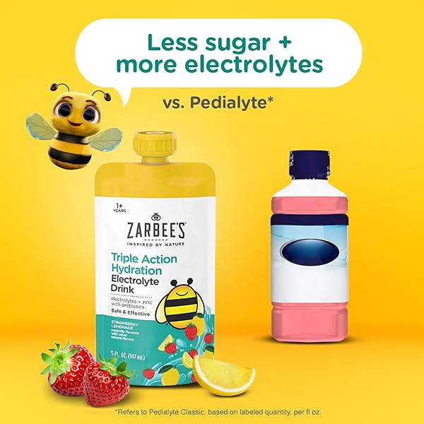 ZARBEE’S TRIPLE ACTION HYDRATION ELECTROLYTE DRINK FOR KIDS WITH ZINC & PREBIOTICS, REPLENISHES LOST ELECTROLYTES AND HELPS PREVENT DEHYDRATION*, DYE-FREE, STRAWBERRY LEMONADE FLAVOR, 3 X 5 FL. OZ