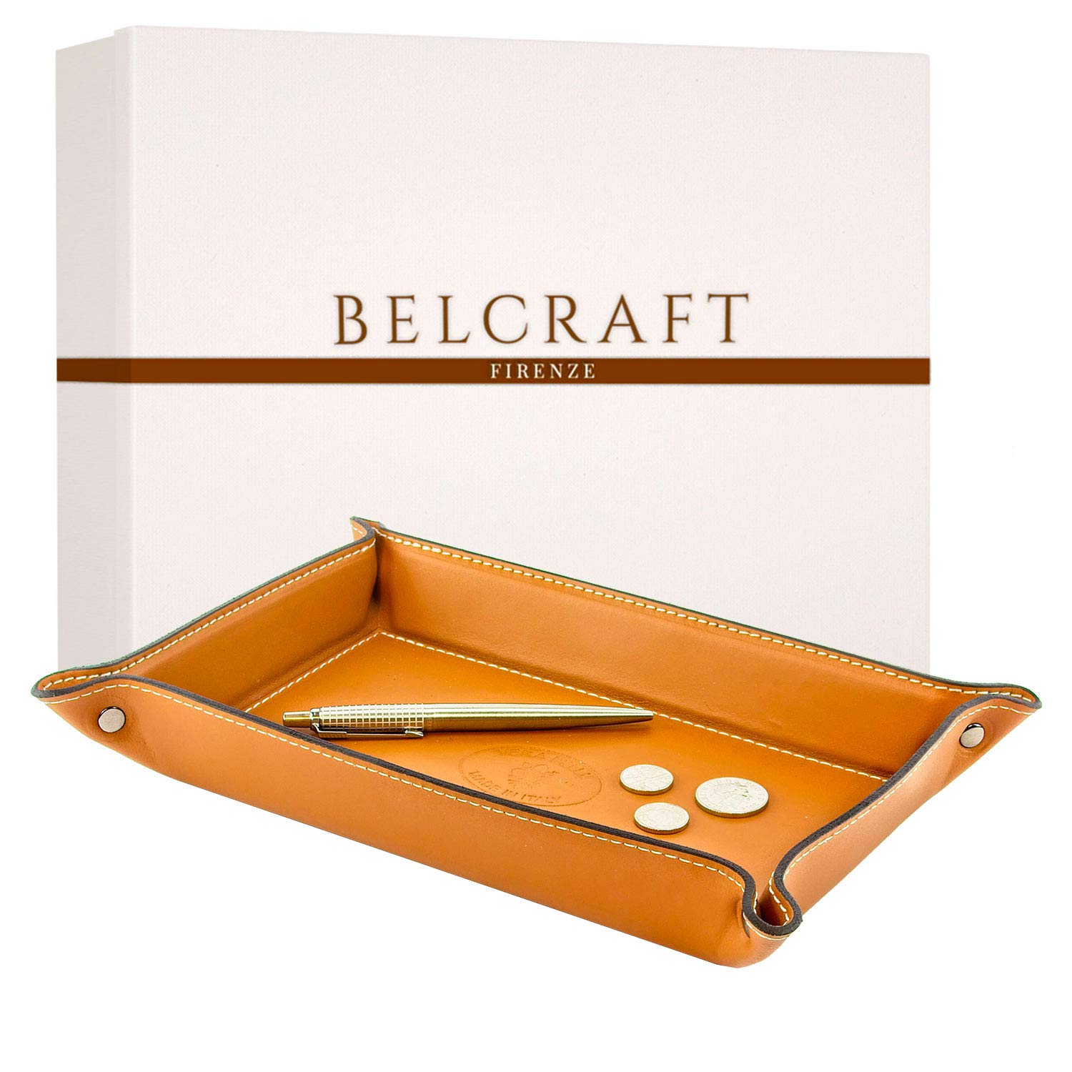 BELCRAFT Orvieto Leather Tidy Tray, Handmade Classic Italian Style, Key Wallet, Coin Box, Tan (28x19 cm)