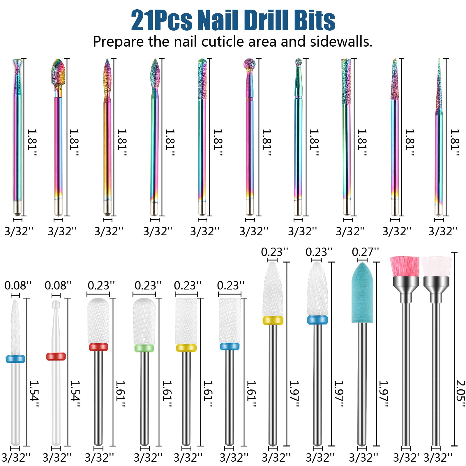 Depvko 21pcs Nail Drill Bits Sets, 3/32 Inch Cuticle Electric Nail File and Ceramic Acrylic Gel Nail Bit Kit, Acrylic Nail Art Tools, Carbide Remover Bits for Manicure Pedicure, Home Salon