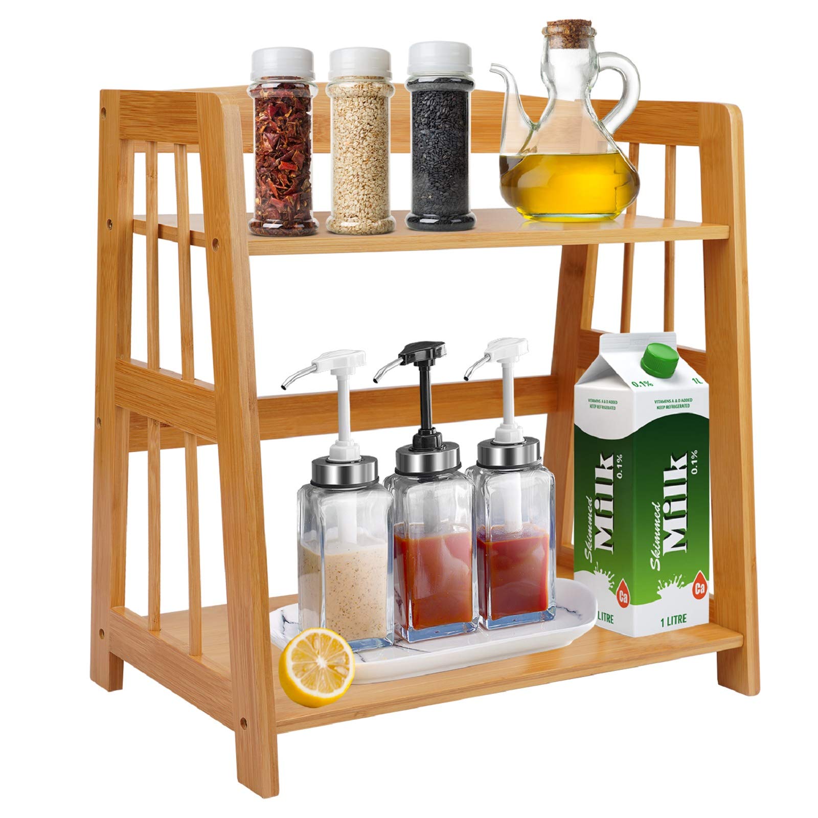 JIIKOOAI Wood Desk Storage Organizer, Desktop Display Shelf Rack, Bamboo Rustic Bookshelf for Office & Home, Expandable Desktop Storage Rack, Free Style Display Stand Shelf (bb)