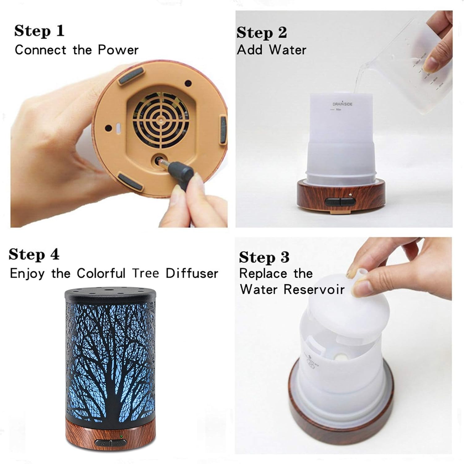 EQUSUPRO Essential Oil Diffuser 100ml Metal Aromatherapy Diffuser Ultrasonic Cool Mist Humidifier with Waterless Auto Shut-Off Protection, 7 Colors Changed LED for Home Office SPA Yoga (Tree) : Beauty