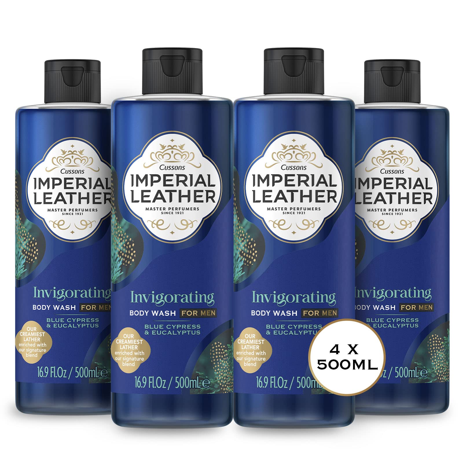 Imperial Leather Invigorating Shower Gel, Blue Cypress & Eucalyptus, Signature Oil Blend, Creamy Lather, Gentle Skin Care, Bulk Buy, Pack of 4 x 500ml