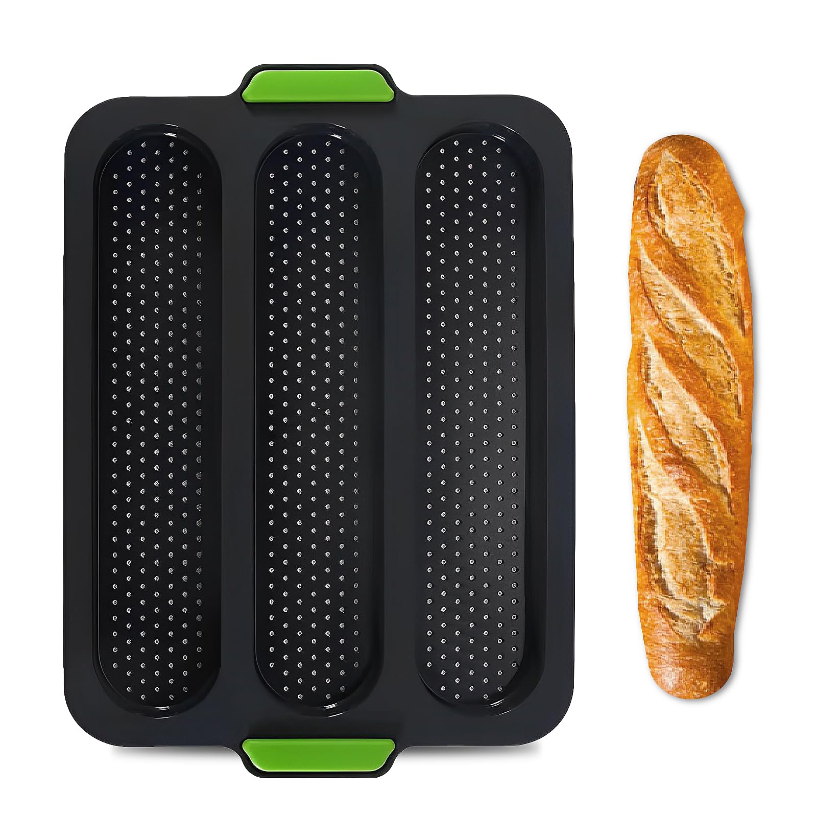 SNSYGN Baguette Baking Tray, 3 Cavity French Bread Pan Non-Stick Baguette Mould Perforated Baking Pan for Baking Loaves, French Breads, Breadstick, Bread Rolls (Grey)