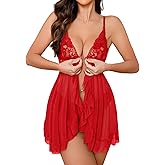 Foxiny Sexy Open Front V Neck Ruffle Sheer Mesh Lace Wireless Babydoll Lingerie Dress with Thong 2 Piece