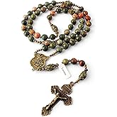Luomu 8mm Natural Stone Beads Large Rosary with Caps Miraculous Medal and Pardon Crucifix