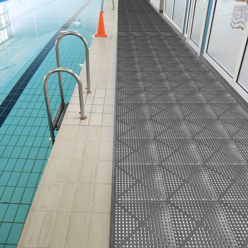 HYSA MAT Interlocking Non-Slip Tiles,12.5 x 12.5 inch PVC Flooring Deck Drainage Mats for Basement Swimming Pool Bathroom Boat Wet-Area，Grey，12-Pack