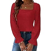 UNCOOYEE Blouses for Women Dressy Casual Eyelet Square Neck Long Sleeve Embroidered Lace Crochet Boho Tops Fall Fashion 2025