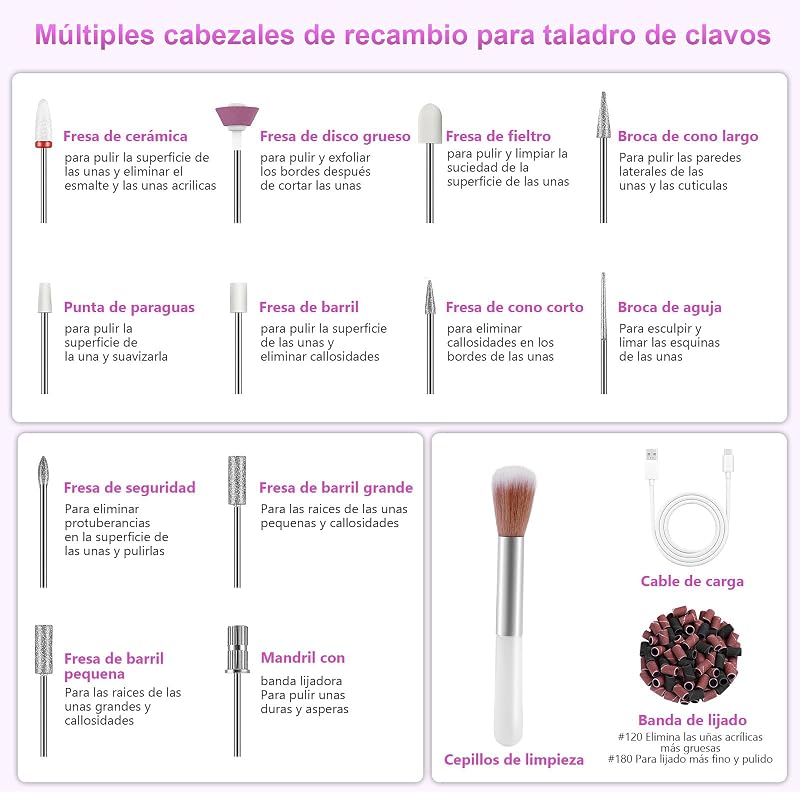 Torno para Uñas Profesional 35000 RPM USB, Set de Manicura 12 en 1