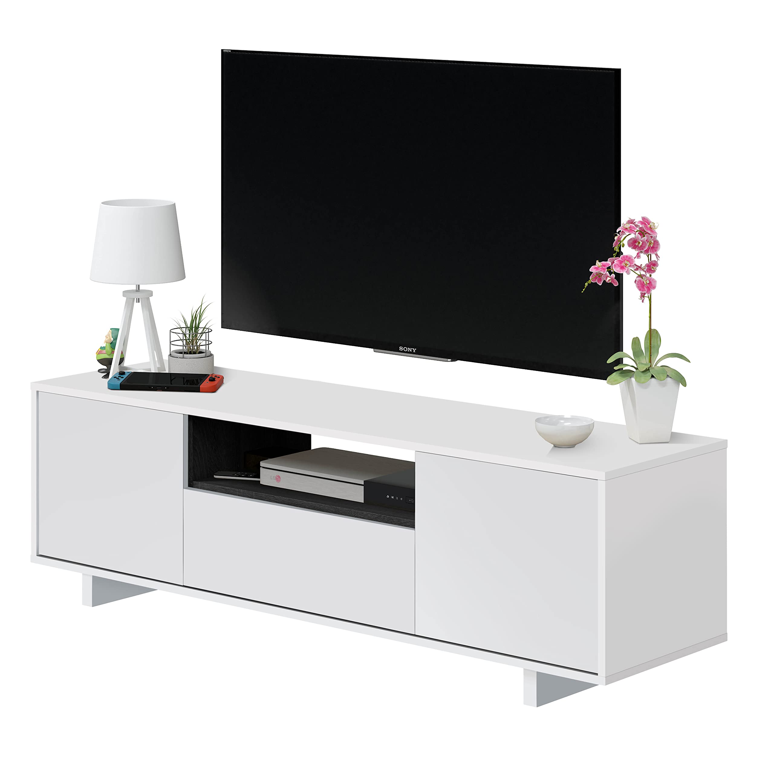 Modulo-TV-Mueble-de-Salon-Juego-de-Muebles-Modelo-Zaira-Acabado-en-Blanco-Brillo-y-Gris-Ceniza-Medidas-150-cm