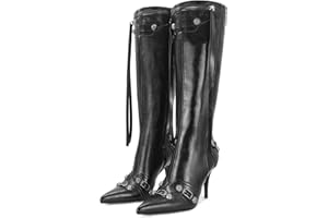 Dsevht Women's Stiletto Black Knee High Boots Sexy Pointed Toe Boot Fashion Trendy High Heel Boots Zipper