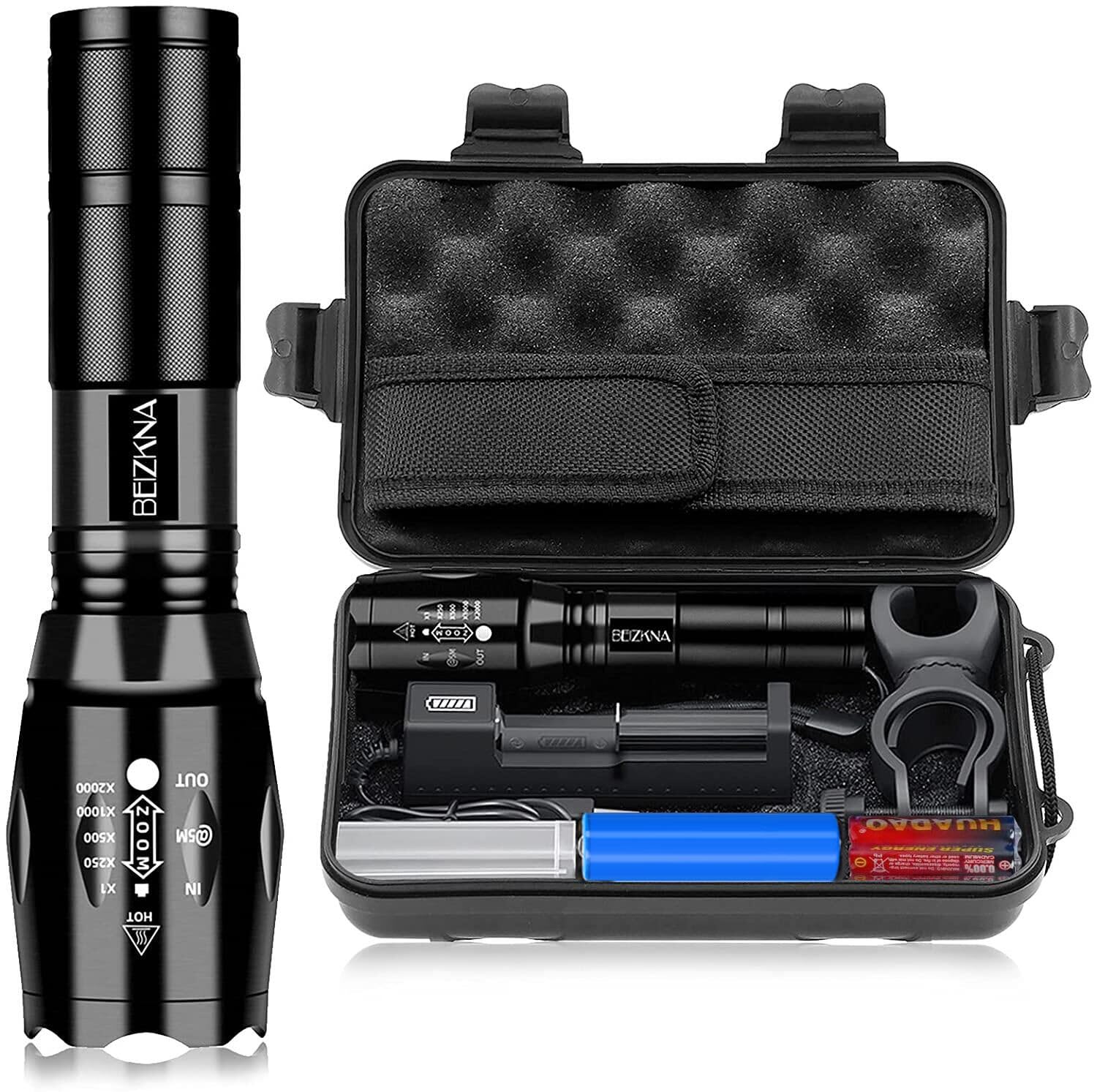 LED Torch Rechargeable Torches Super Bright 2000L Battery Powered Powerful Flashlight L2 CREE Adjustable Focus 5 Modes IP65 Waterproof Outdoor Handheld Pocket Flash Light for Camping Hiking Emergency