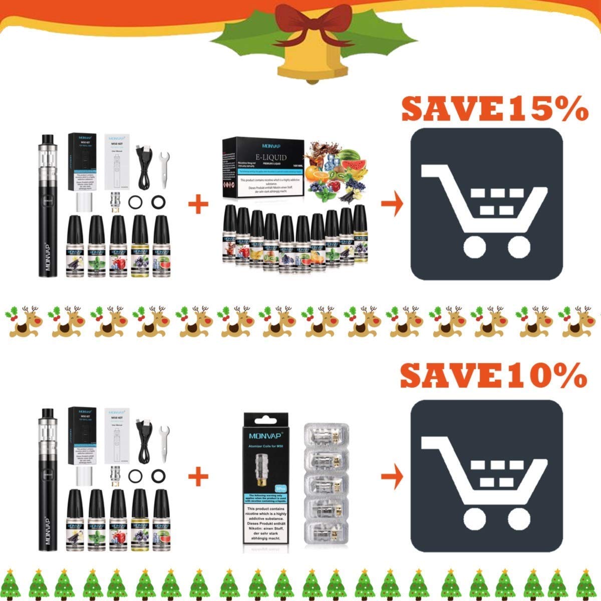 E Zigaretten Starter Set 50W, MONVAP M50 Vape Pen mit 5x10ml E Liquid, Top Refill Verdampfer o.5ohm 2ml, 1500mAh Vape Akku, E Shisha Ohne Nikotin 0.0mg