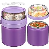 JXXM 2 in 1 Double Insulated Food Jar 13.5oz Soup Thermo with Snack Container Kids Thermo for Hot Food Lunch Containers Wide Mouth Vacuum Stainless Steel Leak Proof for School Travel(Purple)