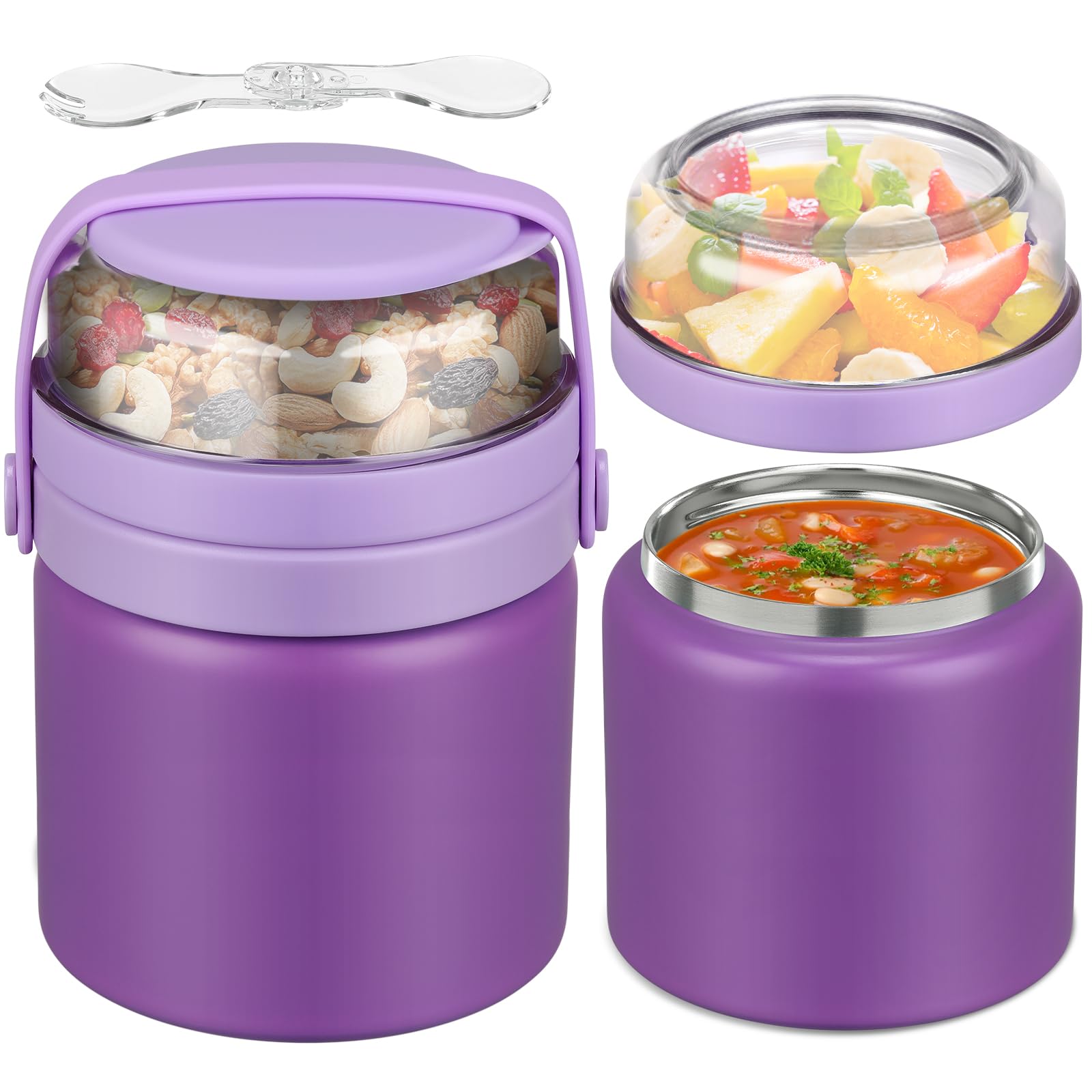 Photo 1 of JXXM 2 in 1 Double Insulated Food Jar 13.5oz Soup Thermo with Snack Container Kids Thermo for Hot Food Lunch Containers Wide Mouth Vacuum Stainless Steel Leak Proof for School Travel(Purple)
