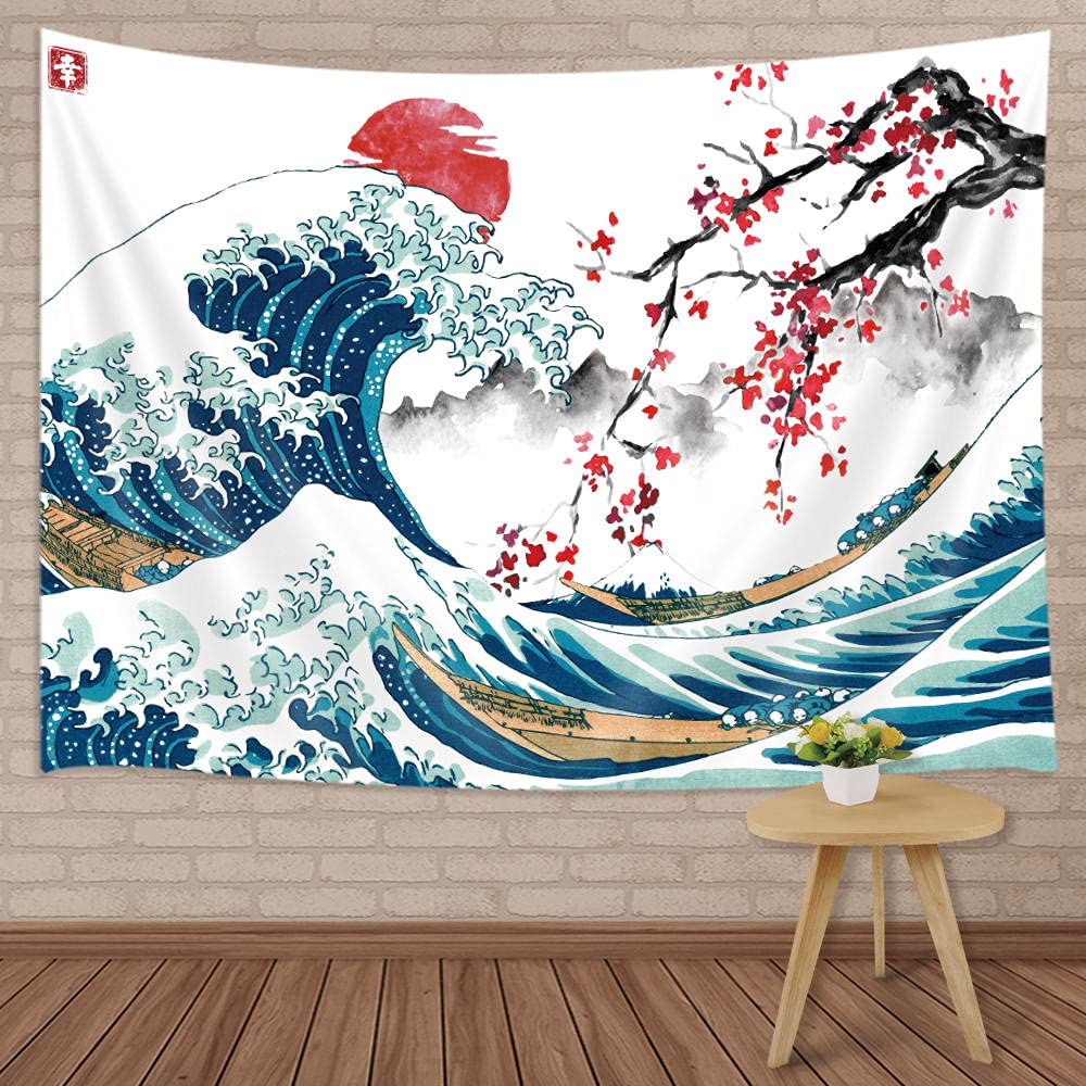 Photo 1 of MERCHR Japanese Large Wall Tapestry - Cool Ocean Wave, Asian Anime Mount Red Sun Cherry Blossom Decorations for Bedroom, 80x60 Inch