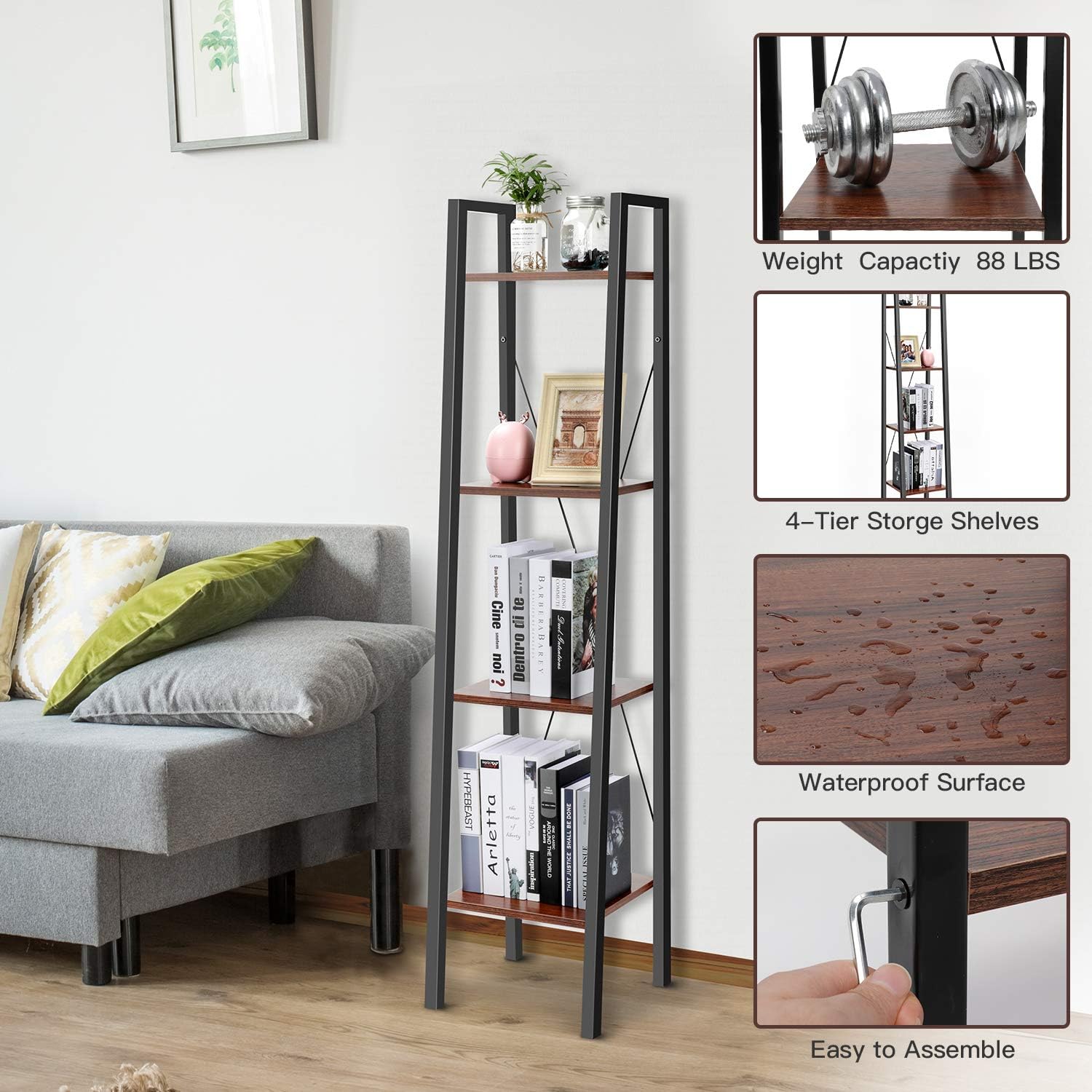 Industrial Ladder Shelf, 4-Tier Bookshelf, Plant Flower Stand, Multipurpose Organizer Rack for Home, Office, Living Room, Balcony, Bedroom by Pipishell: Furniture & Decor