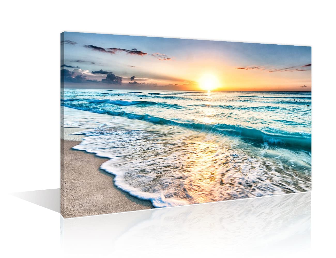 TISHIRON Wall Decorations Beach Sunset Wave For Home Modern Decor Blue Ocean Sea Painting Pictures Print On Canvas Wall Art Wooden Frame Ready To Hang(18X12in)