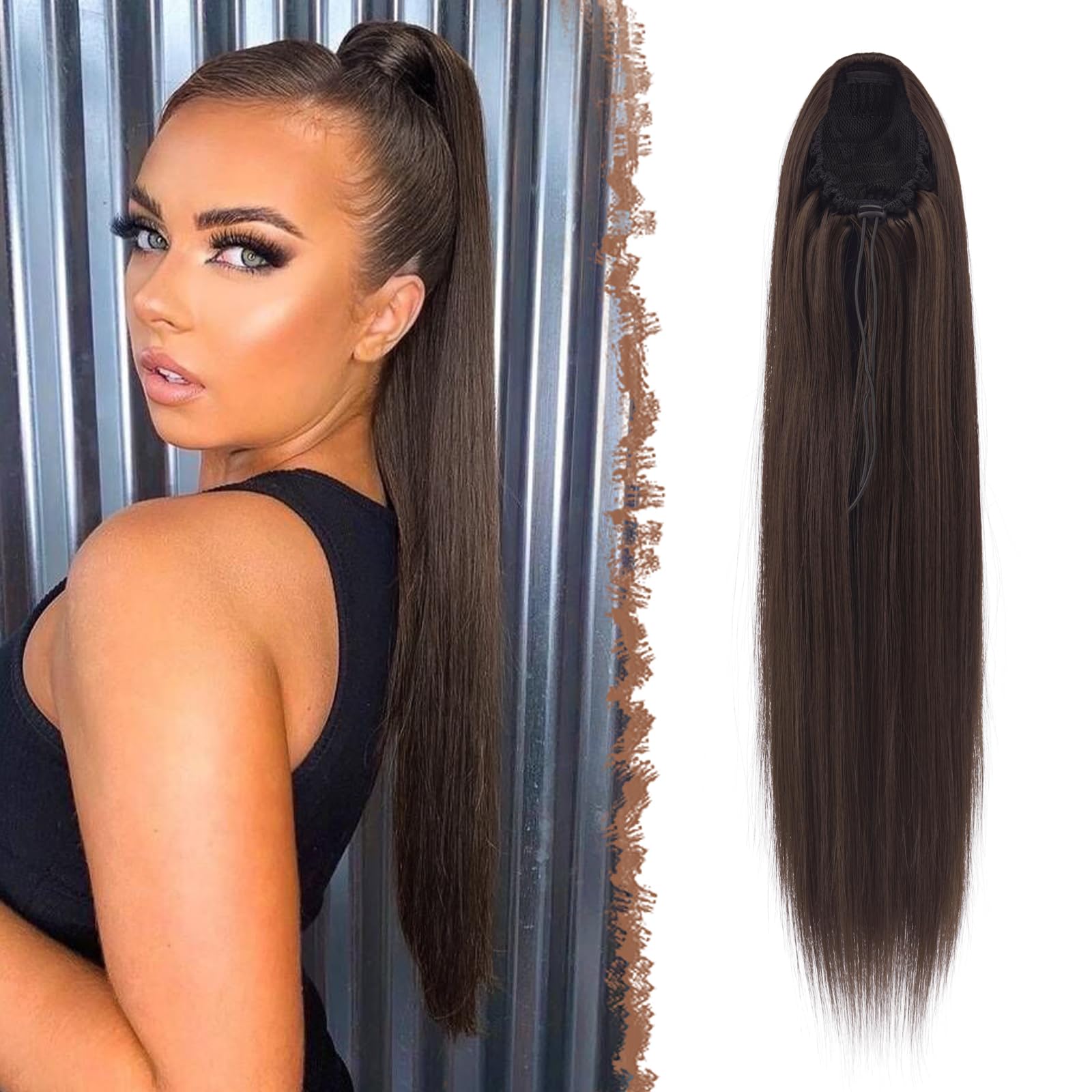 FESHFEN Straight Drawstring Ponytail Extension Natural Synthetic Long Pony Tails Hairpieces Clip in Ponytails Extensions for Women Girls, Brown 20 inch