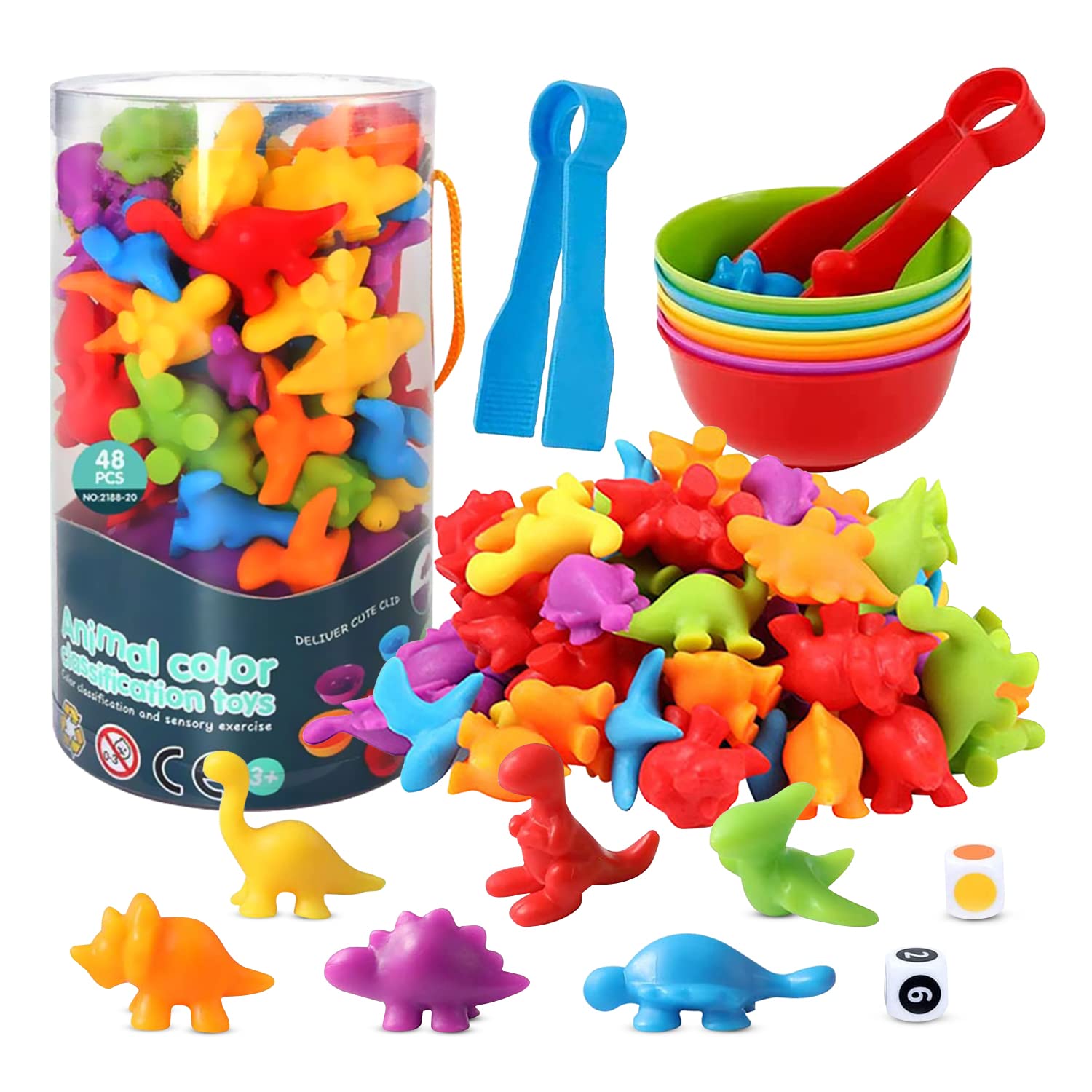 ANTOPM 58Pcs Counting Dinosaur Toys Set Matching Game with Sorting Bowls,Color Sorting and Sensory Preschool Educational Learning Toys,Montessori Math Skills Games Toys for Toddlers 3+ Years Old