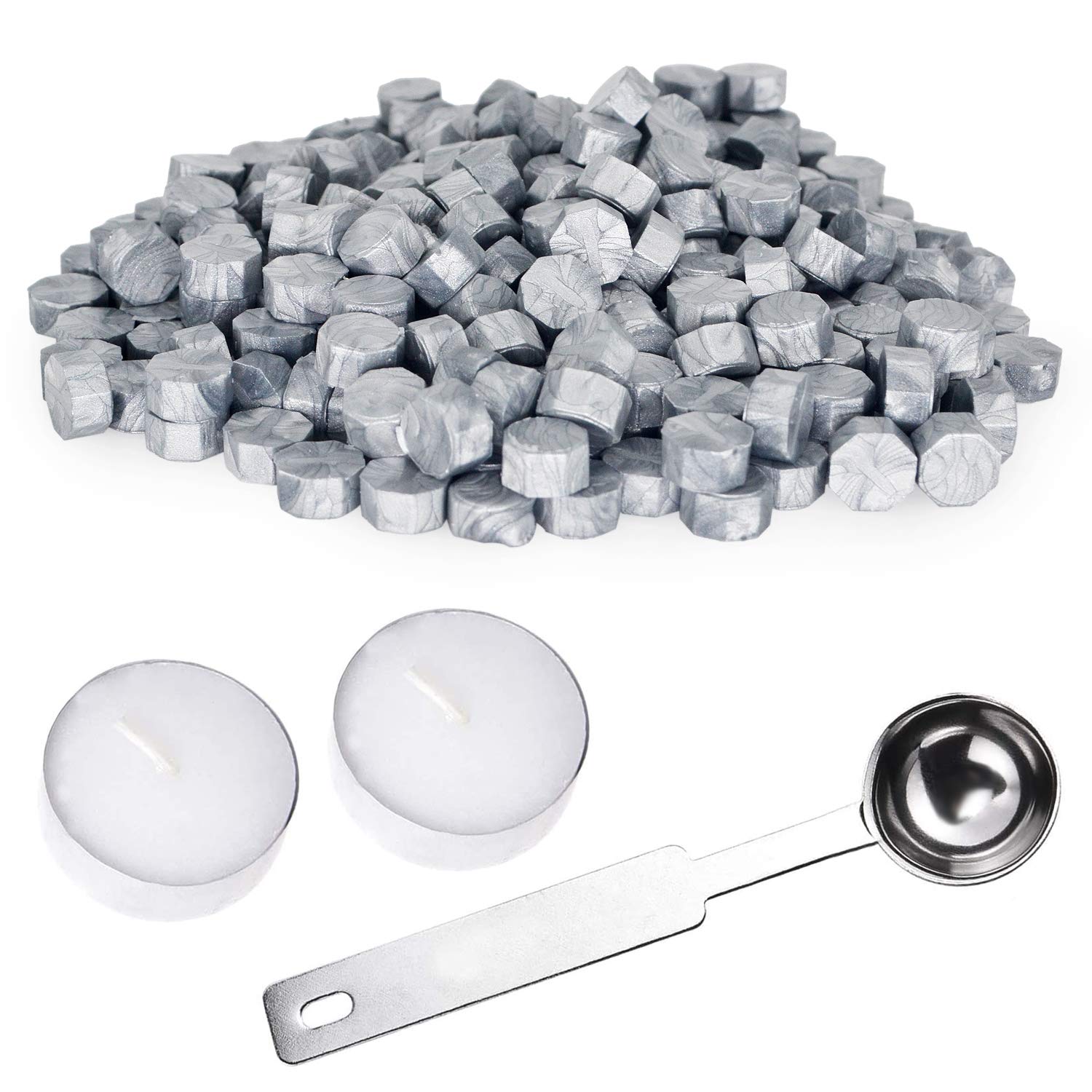Sealing Wax Beads Set 310 Pieces Octagon Wax Seal Beads with 1PC Melting Spoon and 2Pcs Tea Candles for Wax Seal Stamp - Silver