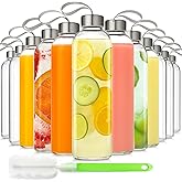 UPBUD 12 Pack 18oz Glass Bottles with Lids Carry Strap for Juicing, Reusable Clear Glass Water Bottle with Stainless Steel Airtight Cap for Refrigerator, 100% Leak Proof, BPA Free Drinking Jar