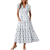 BLENCOT Womens Cotton Floral Maxi Dresses Casual Flowy Boho Dresses Summer Ruffle Short Sleeve V Neck Dress with Pockets