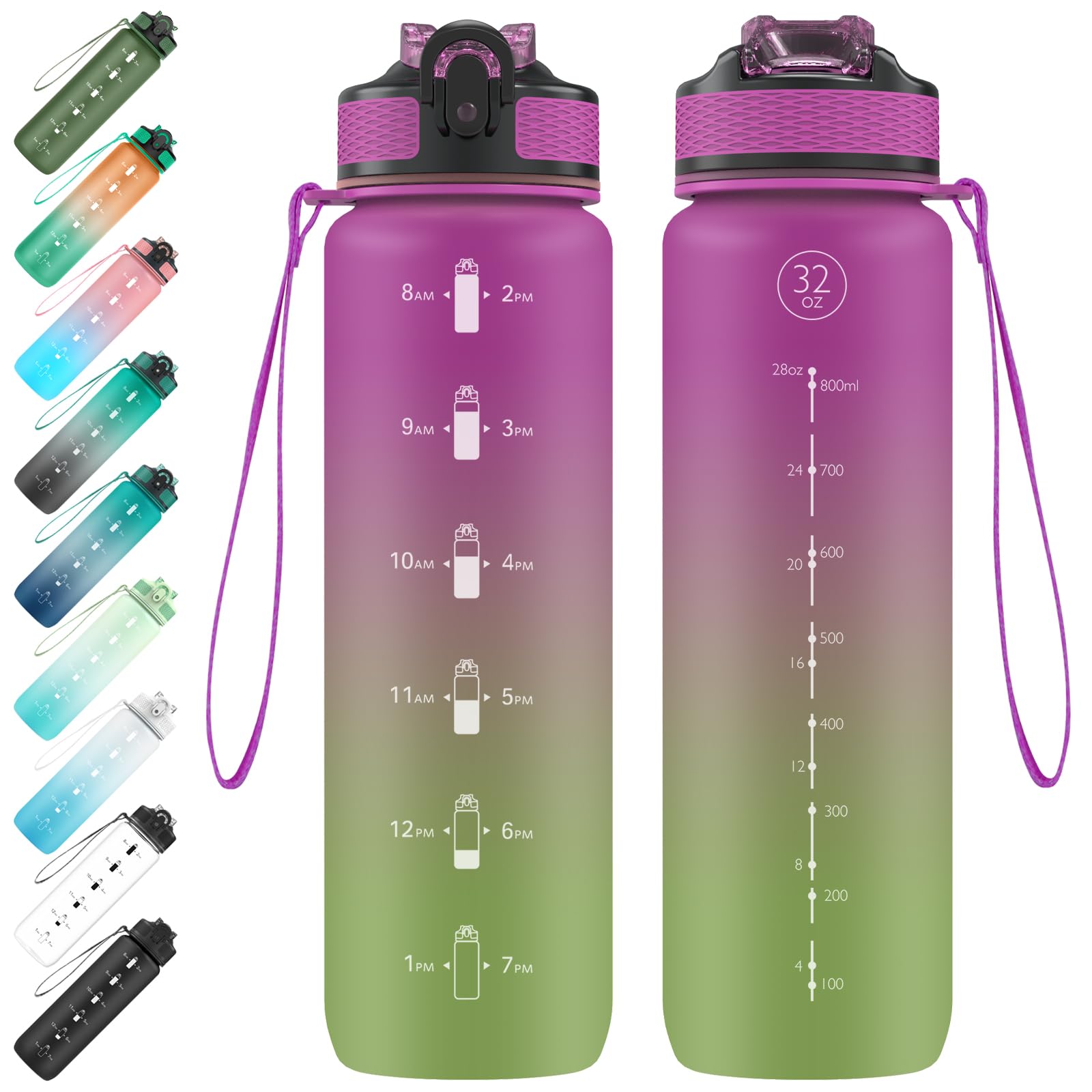 EYQ 1L Water Bottle, 1 Litre Water Bottle with Straw, 32oz Leak-Proof Motivational Sports Drinks Bottle with Time Marker, Tritan BPA-Free, Drinking Waterbottles for Fitness, School, Gym Outdoor Sports